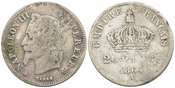 ФРАНЦИЯ 20 САНТИМОВ 1864 А KM 805.1 серебро 105-548