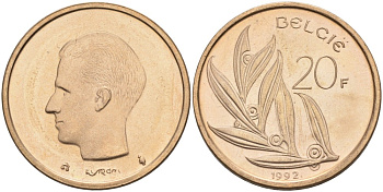 Бельгия 20 франков 1992 Belgie KM 160 никель бронза UNC 189-1012