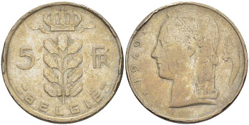 БЕЛЬГИЯ 5 ФРАНКОВ 1949 BELGIE, ЛЕОПОЛЬД III (1934-1950) KM 135.1 медно-никель 4364-1012