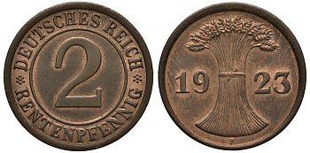 ГЕРМАНИЯ 2 РЕНТПФЕННИГА 1923 F J 307, KM 31 бронза UNC 413-3414