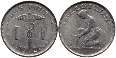 Бельгия 1 франк 1922 Belgique, Альберт I (1910-1934) KM 89 никель 86-1424