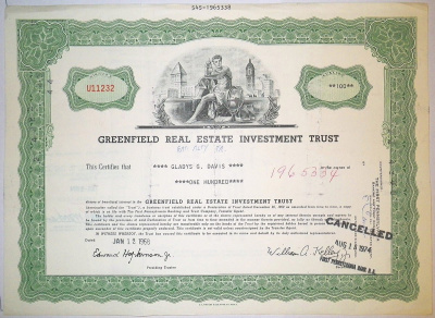 США, Greenfield Real Estate Investment Trusts 100 акций 1968 бумага 8805-37-1