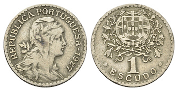 Португалия 1 эскудо 1927 голова Свободы вправо KM 578 никель латунь    4660-341