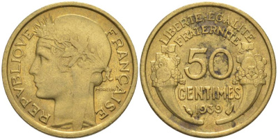 ФРАНЦИЯ 50 САНТИМОВ 1939 ТИП MORLON KM 894.1, LE FRANC 192.15 алюминиевая бронза 44-822
