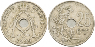 БЕЛЬГИЯ 25 САНТИМОВ 1929 BELGIE KM 69 медно-никель 87-1543