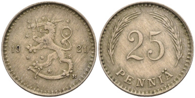 Финляндия 25 пенни 1921 Н KM 25 медно-никель 96-546