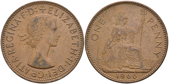 Великобритания 1 пенни 1966 Елизавета II (1952-2022) KM 897, Spink 4157 бронза 4574-312