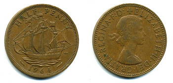 Великобритания 1/2 пенни 1964 Елизавета II (1952-2022) KM 896, Spink 4158 бронза 56-857