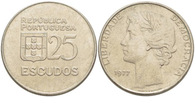 ПОРТУГАЛИЯ 25 ЭСКУДО 1977 KM 607 медно-никель 4542-816