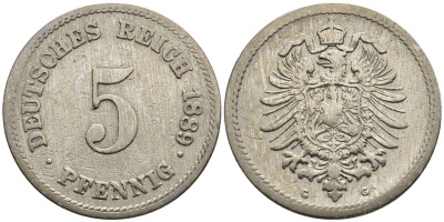 ГЕРМАНИЯ 5 ПФЕННИГОВ 1889 G, СТАРОГЕРБОВКА, РЕДКАЯ KM 3, Jager 3, Weege 5 медно-никель 4547-312