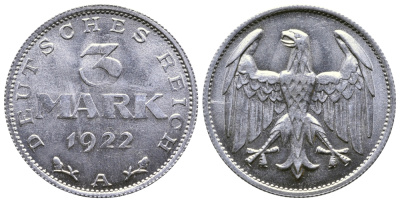 ГЕРМАНИЯ 3 МАРКИ 1922 А KM 28, J. 302 алюминий 4380-715