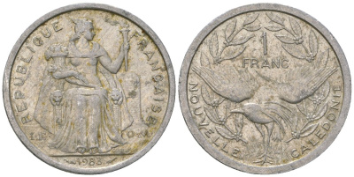 Французская Новая Каледония 1 франк 1983 птица кагу, (IEOM) KM 10, Schoen 10, Lec 46 алюминий    51-2313