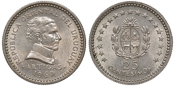 Уругвай 25 сентесимо 1960 KM 40 медно-никель 4169-868