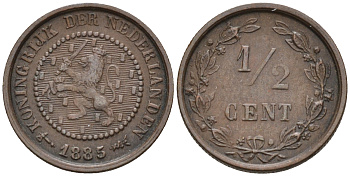 Нидерланды 1/2 цента 1885 Виллем III (1849-1890) KM 109 медь 4115-219