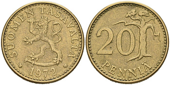 Финляндия 20 пенни 1972 S KM 47 алюминиевая бронза 4571-433