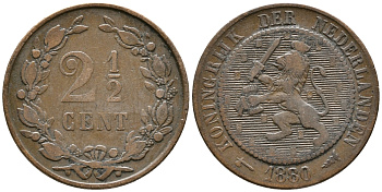 НИДЕРЛАНДЫ 2 1/2 ЦЕНТА 1880 KM 108 бронза 34-835
