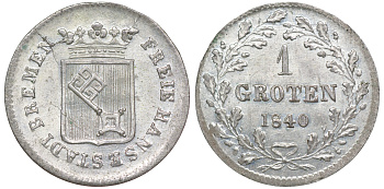 Бремен 1 гротен 1840  KM 230, J. 18, AKS 8 серебро  UNC  413-6613