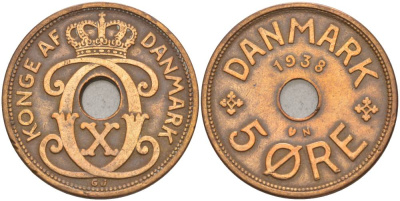 ДАНИЯ 5 ЭРЕ 1938 N; GJ, КРИСТИАН X (1912-1947) KM 828.2 бронза 69-522