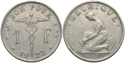 Бельгия 1 франк 1923 Belgique, Альберт I (1909-1934) KM 89 никель 51-1931