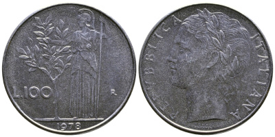 ИТАЛИЯ 100 ЛИР 1978 R, АФИНА KM 96.1 нержавеющая сталь 4383-812