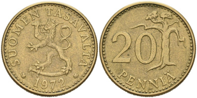 Финляндия 20 пенни 1972 S KM 47 алюминиевая бронза 4571-433