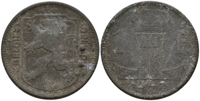 Бельгия 1 франк 1942 Belgique - Belgie, Леопольд III (1934-1947), германская оккупация, Вторая мировая война KM 127 цинк 4161-454