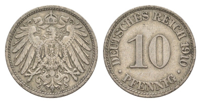 Германия 10 пфеннигов 1910 A, Вильгельм II (1888-1918) KM 12, J. 13 медно-никель 4640-317