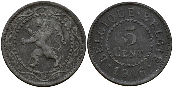 Бельгия 5 сантимов 1916 германская оккупация первая мировая война, Альберт I (1910-1934) KM 80 цинк 4602-118