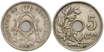 Бельгия 5 сантимов 1927 Belgie KM 67 медно-никель 4548-621