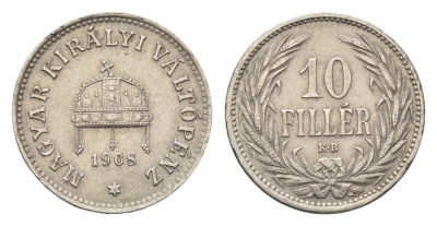 Венгрия 10 филлеров 1908 KB, Франц Иосиф I (1848-1916) KM 482 никель 4665-722