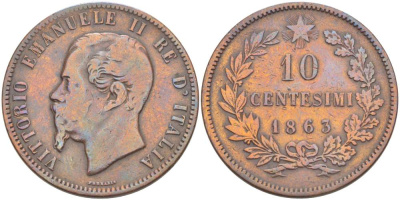 ИТАЛИЯ 10 ЧЕНТЕЗИМО 1863 МОНДВОР ПАРИЖ, ВИКТОР ЭММАНУИЛ II (1861-1878) KM 11.2 медь 4526-726