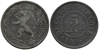 Бельгия 5 сантимов 1916 германская оккупация первая мировая война, Альберт I (1910-1934) KM 80 цинк 4602-118