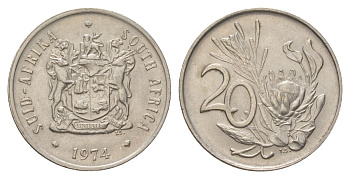 ЮАР 20 центов 1974 герб, цветок протея KM 86 никель 4626-753