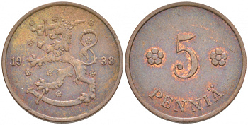 ФИНЛЯНДИЯ 5 ПЕННИ 1938 РЕСПУБЛИКА KM 22 медь 4549-416