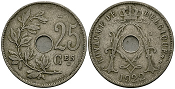 Бельгия 25 сантимов 1922 Belgique KM 68 медно-никель 4165-431
