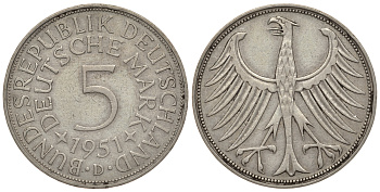 ФРГ 5 марок 1951 D, KM 112.1, J.387 серебро 413-6821