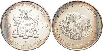 Замбия 5000 квача 2000 Африканские слоны KM 141 серебро UNC 1091-4-12