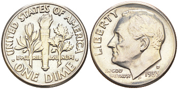 США 10 ЦЕНТОВ = 1 ДАЙМ 1983 D, РУЗВЕЛЬТ KM 195a медь плакированная медно-никелем 187-1058