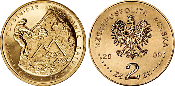 Польша 2 злотых 2009 MW, 100 лет со дня основания Тартовской горноспасательной службы (TOPR) KM 697 нордик UNC 4676-542