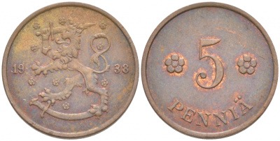 ФИНЛЯНДИЯ 5 ПЕННИ 1938 РЕСПУБЛИКА KM 22 медь 4549-416