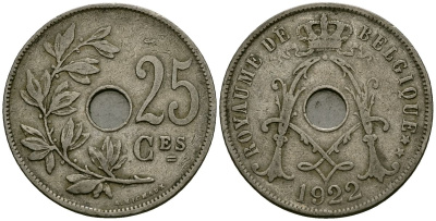 Бельгия 25 сантимов 1922 Belgique KM 68 медно-никель 4165-431