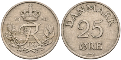 Дания 25 эре 1954 N; S, Фредерик IX (1947-1972) KM 842.1 медно-никель 4566-525