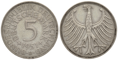 ФРГ 5 марок 1951 D, KM 112.1, J.387 серебро 413-6821
