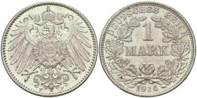 Германия 1 марка 1914 F Weege 18, J. 17, KM 14 серебро aUNC 98-1212