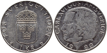 Швеция 1 крона 1989 Карл XVI Густав (1973- ) KM 852a медно-никель 4397-1256