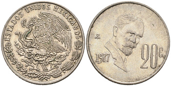 Мексика 20 сентаво 1977 Франциско Индалеси KM 442 медно-никель 4567-333