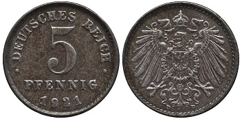 ГЕРМАНИЯ 5 ПФЕННИГОВ 1921 D KM 19, Jager 297, Weege 5 железо 4547-628