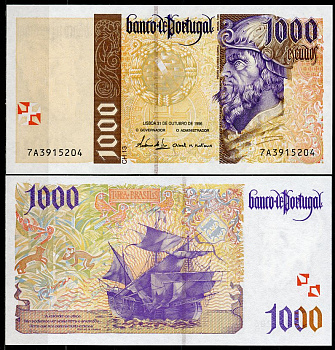 Португалия 1000 эскудо 1996 Педру Алвариш (Алварес) Кабрал, парусник, животные Бразилии Pick 188 b (3)  бумага  UNC (пресс) 6294-76-4-2