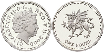 Великобритания 1 фунт 2000 Елизавета II (1952-2022) KM 1005a, Spink J15 серебро PROOF 1066-6-34