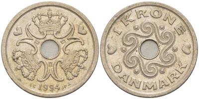 ДАНИЯ 1 КРОНА 1994 LG; JP; A, МАРГРЕТЕ II (1972-) KM 873.1 медно-никель 67-547